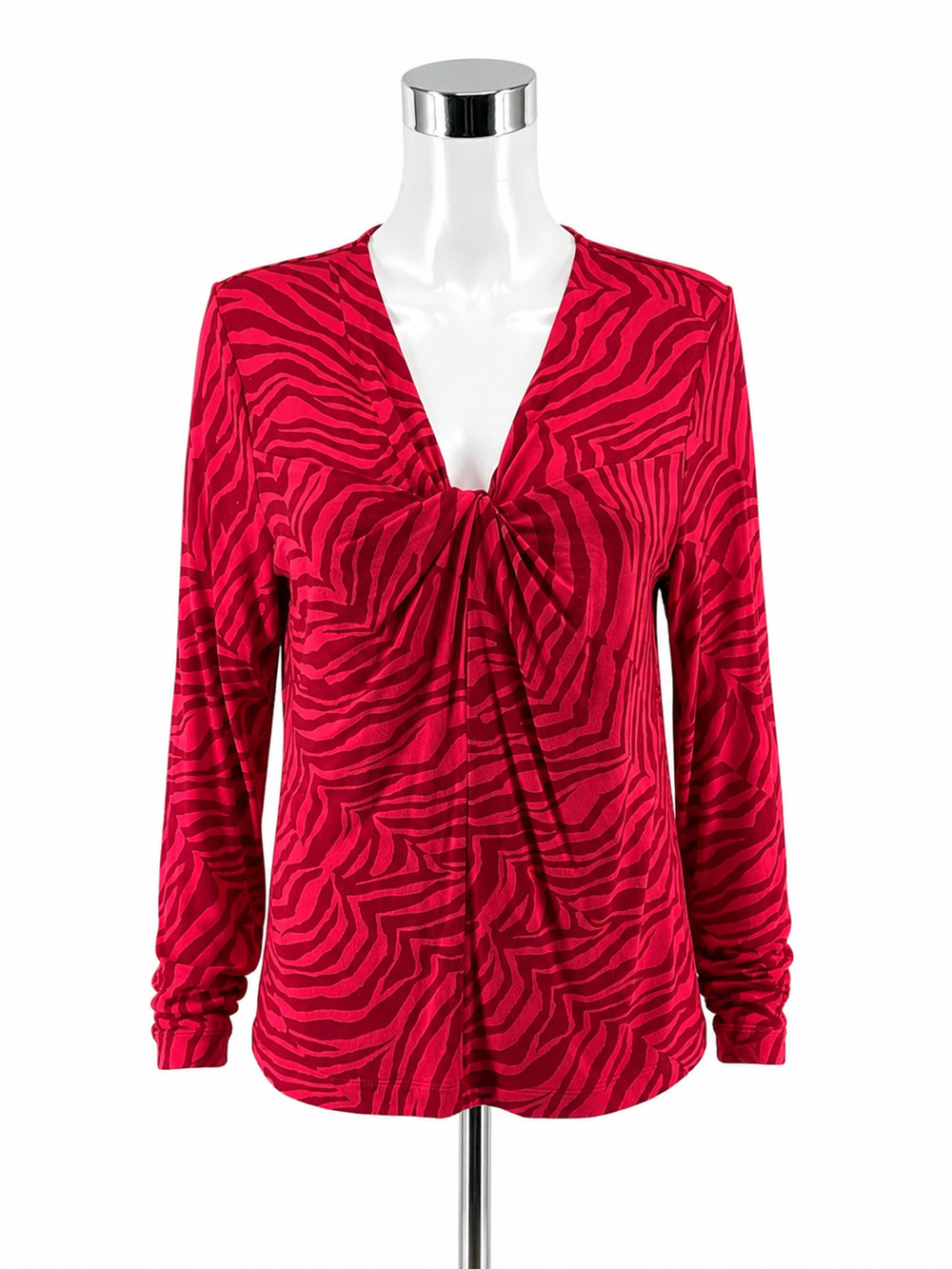 cabi Twist Front Top Medium Red Magenta Zebra Print V-Neck Long Sleeve Blouse